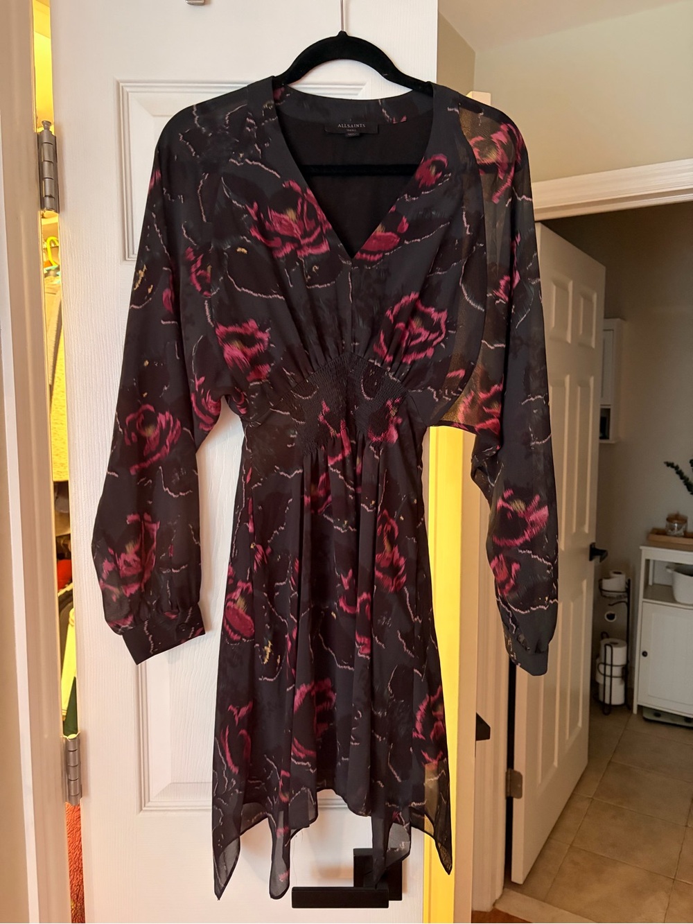 All Saints Black Dress with Deep Pink Floral Print